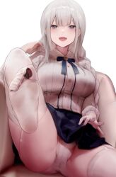 Rule 34 | 1girl, :d, aos, between toes, blouse, blue eyes, bow, breasts, buttons, chocolate, chocolate on foot, clothes lift, feet, holding with feet, foot up, frilled shirt collar, frills, garter straps, grey hair, tucking hair, hand in own hair, highres, large breasts, lifted by self, light blush, long hair, looking at viewer, no shoes, open mouth, original, panties, pantyshot, shirt, sitting, skirt, skirt lift, smile, socks, soles, spread legs, thighhighs, toes, underwear, valentine, white panties, white socks