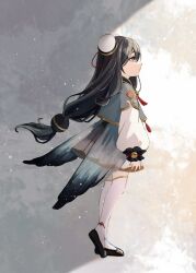 Rule 34 | 1girl, basilian 31, black footwear, black hair, bun cover, commentary request, from side, full body, genshin impact, grey eyes, grey vest, highres, long hair, long sleeves, profile, shenhe (genshin impact), shenhe (young) (genshin impact), shoes, solo, standing, thighhighs, very long hair, vest, white thighhighs
