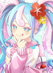 Rule 34 | 1girl, bull sprite (pokemon), cardigan, colored eyelashes, creatures (company), earrings, fairy miku (project voltage), fish sprite (pokemon), flower, game freak, hair flower, hair ornament, hatsune miku, highres, jewelry, long hair, looking at viewer, multicolored hair, naguno-0713, nail polish, nintendo, pink cardigan, pink nails, poke ball, pokemon, project voltage, smile, twintails, two-tone hair, very long hair, vocaloid