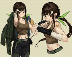 Rule 34 | 1girl, abs, absurdres, aged up, backpack, bag, bandaged arm, bandages, bandaid, bandaid on shoulder, bare shoulders, belt, belt buckle, black gloves, black hair, black pants, breasts, brown background, brown sports bra, buckle, cargo pants, chinese commentary, closed mouth, collarbone, commentary, cowboy shot, cropped torso, fighting stance, fingerless gloves, floating hair, gloves, green belt, green jacket, green pants, green ribbon, hachikuji mayoi, hair ornament, hair ribbon, hair strand, hairclip, hand on own hip, hand up, highres, holding, holding knife, jacket, jacket over shoulder, unworn jacket, kabukimonogatari, knife, long hair, looking at viewer, medium breasts, midriff, military jacket, monogatari (series), multiple views, navel, pants, ponytail, red eyes, reverse grip, ribbon, sidelocks, simple background, snail hair ornament, solipsist, sports bra, standing, two-tone pants, very long hair, weapon
