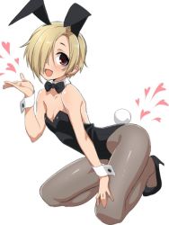 Rule 34 | 10s, 1girl, :d, animal ears, ass, bad id, bad twitter id, bare shoulders, blonde hair, bow, bowtie, breasts, detached collar, fake animal ears, female focus, full body, grey pantyhose, hair over one eye, heart, high heels, idolmaster, idolmaster cinderella girls, kneeling, leotard, loliconder, looking at viewer, open mouth, pantyhose, playboy bunny, rabbit ears, red eyes, shirasaka koume, shoes, short hair, simple background, small breasts, smile, solo, white background, wrist cuffs