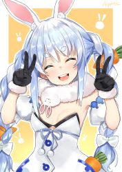 Rule 34 | 1girl, :d, ^ ^, absurdres, agata (yfw1110), animal ear fluff, animal ears, armpit peek, artist name, black gloves, blue hair, blue ribbon, blush, border, bow, braid, breasts, carrot hair ornament, cleavage, closed eyes, commentary request, detached sleeves, don-chan (usada pekora), double v, dress, extra ears, food-themed hair ornament, fur trim, gloves, hair bow, hair ornament, head tilt, highres, hololive, long hair, open mouth, pom pom (clothes), puffy short sleeves, puffy sleeves, rabbit background, rabbit ears, rabbit girl, ribbon, short sleeves, simple background, small breasts, smile, solo, teeth, twin braids, twintails, upper body, upper teeth only, usada pekora, usada pekora (1st costume), v, very long hair, virtual youtuber, white border, white bow, white dress, yellow background, |d
