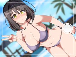 Rule 34 | 1girl, absurdres, beach, bent over, bikini, black hair, blush, breasts, censored, cleavage, closed mouth, collarbone, commentary request, highres, idoly pride, karakuri musha, large breasts, long hair, looking at viewer, mosaic censoring, navel, one eye closed, open mouth, outdoors, purple bikini, saeki haruko (idoly pride), short hair, solo, swimsuit, v, viewfinder, yellow eyes