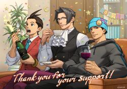 Rule 34 | 3boys, absurdres, ace attorney, alcohol, apollo justice, apollo justice: ace attorney, beanie, black hair, black pants, black vest, bottle, brown eyes, brown hair, closed mouth, commentary, confetti, couch, crossed bangs, cup, door, drinking glass, english commentary, english text, facial hair, glasses, grey hair, hat, highres, holding, holding bottle, holding cup, holding saucer, hood, hood down, indoors, looking at viewer, male focus, miles edgeworth, multiple boys, official art, open mouth, pants, phoenix wright, plant, potted plant, red pants, red vest, saucer, shirt, sitting, stubble, teacup, vest, white shirt, wine, wine glass