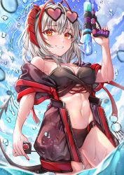 Rule 34 | 1girl, ahoge, antennae, arknights, bikini, bikini under clothes, black bikini, black jacket, blue sky, breasts, cloud, day, demon girl, demon horns, demon tail, detonator, grin, highres, holding, holding water gun, horns, jacket, large breasts, looking at viewer, nail polish, navel, nyamaso, open clothes, open jacket, outdoors, partially submerged, red eyes, red nails, see-through, short hair, silver hair, sky, smile, solo, swimsuit, tail, teeth, twitter username, w (arknights), water, water gun