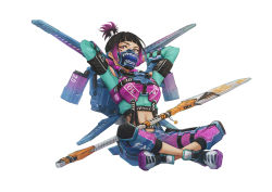 Rule 34 | 1girl, absurdres, animification, apex legends, aqua jacket, black hair, clothing cutout, cropped jacket, fluorescent tech valkyrie, gradient hair, grey footwear, hair behind ear, highres, jacket, jetpack, looking at viewer, midriff, multicolored hair, navel, official alternate costume, polearm, purple eyes, purple hair, shoes, shoulder cutout, sneakers, solo, spear, suzaku (apex legends), valkyrie (apex legends), weapon, yaco (085)