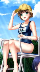 Rule 34 | 1girl, :d, barefoot, baseball cap, blue one-piece swimsuit, blue sky, blush, breasts, brown hair, character name, cloud, collarbone, day, doukyuusei another world, game cg, green eyes, hair between eyes, hat, kakyuusei 2, lifeguard, looking at viewer, name tag, official art, one-piece swimsuit, open mouth, outdoors, sawamura kazuki, school swimsuit, shiny skin, short hair, sitting, sky, small breasts, smile, solo, solo focus, swimsuit, whistle, yellow hat