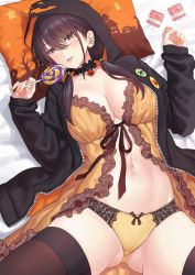 Rule 34 | 1girl, :p, babydoll, black hair, black thighhighs, breasts, brown eyes, candy, cleavage, condom, condom wrapper, earrings, ese shinshi, food, gluteal fold, hood, hooded jacket, jacket, jewelry, large breasts, lollipop, long hair, looking at viewer, nail polish, navel, orange nails, original, panties, pillow, saliva, saliva trail, sleeves past wrists, smile, solo, thighhighs, tongue, tongue out, underwear, yellow panties