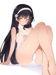 Rule 34 | 1girl, arm support, ass, bad id, bad twitter id, barefoot, black hair, breasts, brown eyes, caburi, casual one-piece swimsuit, character request, commentary request, copyright request, crossed legs, feet, hairband, hand on own breast, highres, long hair, nipples, one-piece swimsuit, see-through, sitting, solo, swimsuit, wet, white one-piece swimsuit