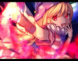 Rule 34 | 1girl, american flag shirt, arm up, blonde hair, blue shirt, blue sleeves, clownpiece, eyes visible through hair, fairy wings, fire, flying, hair between eyes, hands up, highres, light, long hair, looking at viewer, mozuno (mozya 7), multicolored clothes, multicolored shirt, one-hour drawing challenge, open mouth, red eyes, red shirt, red sleeves, shadow, shirt, short sleeves, smile, solo, star (symbol), star print, striped clothes, striped shirt, torch, touhou, white shirt, white sleeves, wings
