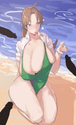 Rule 34 | 1girl, absurdres, arms behind back, arms behind head, ass, beach, blush, breasts, brown eyes, brown hair, cleavage, creatures (company), curvy, delia ketchum, erection, full body, game freak, green one-piece swimsuit, heart, heart-shaped pupils, highleg, highleg swimsuit, highres, huge ass, huge breasts, imminent penetration, kneeling, leebo (leeboxxx), long hair, looking at another, looking at penis, low ponytail, nintendo, one-piece swimsuit, one eye closed, open mouth, parted bangs, penis, penis silhouette, plump, pokemon, pokemon (anime), pokemon (classic anime), pokemon ep018, ponytail, shirt, simple background, sitting, smile, solo, swimsuit, swimsuit under clothes, symbol-shaped pupils, thick thighs, thighs, water, white shirt, wink