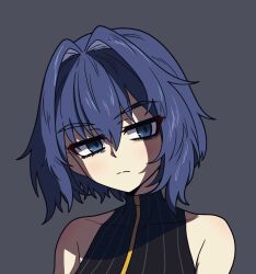 Rule 34 | 1girl, blue eyes, blue hair, closed mouth, ddolbang, grey background, hair intakes, highres, hololive, hololive english, looking at viewer, ouro kronii, ouro kronii (1st costume), short hair, sleeveless, solo, upper body, virtual youtuber