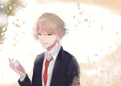 Rule 34 | 1boy, blonde hair, brown eyes, day, formal, hand up, hiyama takaomi, long sleeves, looking at viewer, male focus, necktie, outdoors, petals, red necktie, rk21, short hair, simple background, solo, stand my heroes, suit, upper body, white background