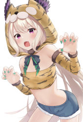 Rule 34 | 1girl, animal hood, animal print, blonde hair, blue shorts, blush, breasts, claw pose, commentary request, detached sleeves, duplicate, enna alouette, fangs, green nails, head wings, highres, hood, hood up, leaning forward, long hair, long sleeves, midriff, nail polish, navel, nijisanji, nijisanji en, pixel-perfect duplicate, purple eyes, shorts, simple background, small breasts, solo, stomach, strapless, takechi49, tiger hood, tiger print, tube top, very long hair, virtual youtuber, white background, wings
