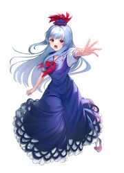 Rule 34 | 1girl, :o, absurdres, arm up, blue dress, blue hair, blue hat, bow, commentary request, dress, drowning milk, footwear bow, foreshortening, frilled skirt, frills, full body, hat, hat ribbon, highres, kamishirasawa keine, long hair, looking at viewer, lower teeth only, neckerchief, open mouth, reaching, reaching towards viewer, red eyes, red neckerchief, ribbon, shirt, shoes, short sleeves, simple background, skirt, socks, solo, sweatdrop, teeth, touhou, very long hair, white background, white shirt, white socks