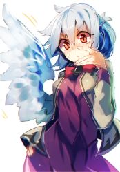 Rule 34 | 1girl, bad id, bad pixiv id, bird wings, blush, breasts, brooch, chromatic aberration, contrapposto, cowboy shot, hand on own hip, hand on own face, highres, hip focus, jewelry, kishin sagume, long sleeves, looking down, red eyes, short hair, silver hair, simple background, single wing, sketch, small breasts, solo, standing, suminagashi, sweatdrop, touhou, white background, wings