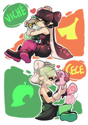 Rule 34 | + +, 2girls, animal crossing, ankle boots, black dress, black hair, boots, brown eyes, callie (splatoon), callie (splatoon) (cosplay), cece (animal crossing), cosplay, crossover, detached collar, dress, earrings, food, food on face, food on head, full body, gloves, gomipomi, green pantyhose, grey hair, heart, holding, hug, indian style, inkling, jewelry, light smile, long hair, looking at another, looking at viewer, marie (splatoon), marie (splatoon) (cosplay), mole, mole under eye, multiple girls, nintendo, object on head, pantyhose, pointy ears, purple pantyhose, short dress, short hair, short jumpsuit, sitting, splatoon (series), splatoon 1, squirrel, strapless, strapless dress, tail, tail wagging, tentacle hair, viche (animal crossing), white gloves
