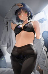Rule 34 | 1girl, air conditioner, bag, bed, bed frame, bed sheet, bedroom, black bra, black pantyhose, black ribbon, blue hair, blush, bocchi the rock!, bra, breasts, chair, cleavage, curtains, earbuds, earphones, embroidered bra, embroidered panties, frown, highres, looking to the side, mole, mole under eye, multicolored clothes, multicolored panties, navel, neck ribbon, office chair, panties, pantyhose, ribbon, school bag, see-through, see-through legwear, shirt, short hair, small breasts, solo, swivel chair, tipii, underwear, undressing, white shirt, yamada ryo, yellow eyes
