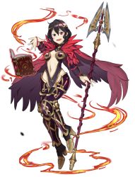 Rule 34 | 1girl, absurdres, black hair, book, commission, ebinku, fire, fire emblem, fire emblem awakening, fire emblem echoes: shadows of valentia, fire, full body, hair ornament, high heels, highres, holding, holding polearm, holding weapon, long sleeves, morgan (female) (fire emblem), morgan (fire emblem), navel, nintendo, open book, open mouth, polearm, short hair, simple background, solo, weapon, white background