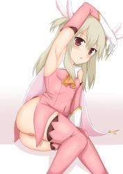 Rule 34 | 1girl, arm up, armpits, ass, bare shoulders, blonde hair, boots, breasts, brown eyes, cape, commentary, covered navel, elbow gloves, fate/kaleid liner prisma illya, fate (series), feather hair ornament, feathers, gloves, hair ornament, illyasviel von einzbern, long hair, looking at viewer, magical girl, no panties, pink footwear, pink gloves, prisma illya, small breasts, solo, thigh boots, thighhighs, toshishikisai, two side up, white gloves