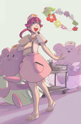 Rule 34 | 1girl, blissey, cart, clipboard, commentary request, creatures (company), dress, employee uniform, first aid kit, game freak, gen 2 pokemon, green little, hair rings, hat, highres, joy (pokemon), looking up, low twintails, nintendo, nurse cap, pink eyes, pink hair, poke ball symbol, pokemon, pokemon (creature), pokemon sm, sandals, skirt, smile, twintails, uniform, walking