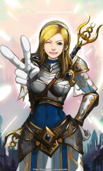 Rule 34 | 1girl, ;), armor, blonde hair, blue eyes, bodysuit, boobplate, bracer, breastplate, capelet, contrapposto, earrings, faulds, foreshortening, gloves, hairband, hand on own hip, jewelry, league of legends, lips, long hair, lux (league of legends), neo-tk.., one eye closed, pauldrons, shoulder armor, smile, solo, standing, v, white gloves