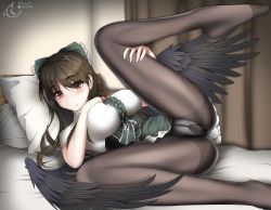 Rule 34 | 1girl, absurdres, artist name, bird wings, black hair, black pantyhose, black wings, blouse, blush, bow, breasts, collared shirt, commentary request, foot out of frame, frilled skirt, frills, green bow, green skirt, hair between eyes, hair bow, highres, indoors, korean commentary, large breasts, leg lift, long hair, looking at viewer, lying, mixed-language commentary, no shoes, on back, on bed, open mouth, panties, panties under pantyhose, pantyhose, pillow, pixiv id, red eyes, reiuji utsuho, sechy, shirt, short sleeves, signature, skirt, solo, third eye, touhou, twitter username, underwear, white panties, white shirt, wings