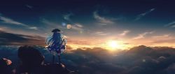 Rule 34 | 1girl, above clouds, black footwear, black hat, blue hair, blue skirt, boots, cloud, commentary request, dise (psychoro), from behind, full body, hand up, hat, highres, hinanawi tenshi, leaf, lens flare, long hair, outdoors, petticoat, rock, scenery, shirt, skirt, solo, standing, sun, sunrise, touhou, white shirt