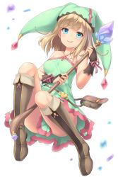 Rule 34 | &gt;:), 1girl, :q, bare shoulders, blonde hair, blue eyes, boots, breasts, clothes between thighs, collarbone, dress, fingerless gloves, full body, gem, gloves, halterneck, hat, heart, holding, holding staff, jester cap, jewelry, knee boots, knees up, long hair, looking at viewer, medium breasts, necklace, original, pouch, ribbon, sasaame, simple background, sleeveless, sleeveless dress, smile, solo, staff, tongue, tongue out, tsurime, v-shaped eyebrows, white background, wrist ribbon