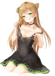 Rule 34 | 1girl, :q, absurdres, ahoge, black choker, black dress, blush, bow, breasts, brown hair, choker, cleavage, collarbone, dorok, double bun, dress, eyes visible through hair, girls&#039; frontline, gloves, green eyes, hair bow, hair bun, half-closed eyes, head tilt, highres, holding, holding clothes, holding dress, long hair, looking at viewer, medium breasts, off shoulder, rfb (girls&#039; frontline), seductive smile, sidelocks, simple background, sitting, smile, solo, tongue, tongue out, undressing, white background