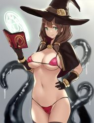 Rule 34 | 1girl, bikini, black gloves, black hat, blurry, book, breasts, brown thighhighs, cameltoe, capelet, closed mouth, collarbone, commentary request, copyright request, cowboy shot, depth of field, dripping, elbow gloves, gloves, gradient background, green eyes, grey background, grimoire, groin, hair tubes, hand on own hip, hat, holding, holding book, houtengeki, legs together, long hair, looking at viewer, magic circle, medium breasts, micro bikini, navel, open book, pink bikini, skindentation, smile, solo, stomach, string bikini, swimsuit, tareme, tentacles, thighhighs, witch, witch hat, wizard hat