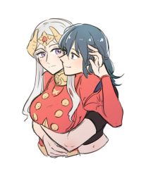 2girls, arm up, bangs, black shirt, blue eyes, blue hair, blush, breasts, byleth (fire emblem), byleth (fire emblem) (female), closed mouth, collar, collared dress, commentary request, couple, dress, edelgard von hresvelg, eye contact, eyebrows visible through hair, fire emblem, fire emblem: three houses, from side, hair between eyes, hair ornament, hug, hug from behind, jewelry, large breasts, long hair, long sleeves, looking at another, multiple girls, nintendo, puffy long sleeves, puffy sleeves, purple eyes, red dress, riromomo, shirt, short sleeves, sidelocks, simple background, smile, upper body, white background, white hair, yuri