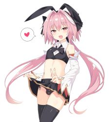 Rule 34 | 1boy, absurdres, animal ears, astolfo (fate), astolfo (saber) (fate), black bow, black panties, bow, bowtie, bulge, ca ligula (extendzamonas), clothes lift, commentary request, cowboy shot, crop top, crossdressing, detached sleeves, fake animal ears, fang, fate/grand order, fate (series), hair intakes, hair ribbon, heart, heart-shaped pupils, highres, long hair, male focus, multicolored hair, navel, official alternate costume, open mouth, panties, pink eyes, pink hair, pleated skirt, ribbon, shirt, side-tie panties, skin fang, skindentation, skirt, skirt lift, sleeveless, sleeveless shirt, solo, spoken heart, stomach, streaked hair, symbol-shaped pupils, thighhighs, thighs, trap, twintails, underwear, v, white background, white hair, wide sleeves
