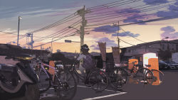 Rule 34 | bicycle, black hat, bow, car, hat, hat bow, kneehighs, lamppost, looking at phone, motor vehicle, motorcycle, parking lot, phone, plaid, plaid vest, power lines, real world location, riding, riding bicycle, shirt, socks, solo, tokoroten (hmmuk), touhou, usami sumireko, utility pole, vest, white bow, white shirt