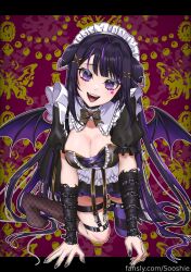 1girl animal_ears asymmetrical_legwear bat_wings black_hair breasts cleavage earrings facial_mark fishnet_socks fishnets hair_ornament indie_virtual_youtuber jewelry kneeling large_breasts long_hair looking_at_viewer mismatched_legwear multicolored_hair nail_polish no_shoes open_mouth purple_eyes purple_hair smile socks solo sooshie striped_clothes striped_thighhighs teeth thighhighs thighs two-tone_hair upper_teeth_only very_long_hair virtual_youtuber wings