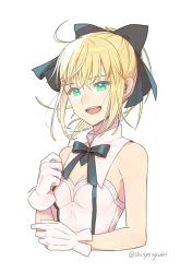 Rule 34 | 1girl, :d, absurdres, artoria pendragon (all), artoria pendragon (fate), black bow, black ribbon, blonde hair, bow, breasts, cleavage, cropped torso, detached collar, fate/unlimited codes, fate (series), floating hair, gloves, green eyes, hair between eyes, hair bow, hair ribbon, highres, looking at viewer, neck ribbon, open mouth, ponytail, ribbon, saber lily, shayubi, simple background, sleeveless, small breasts, smile, solo, strapless, twitter username, upper body, white background, white gloves