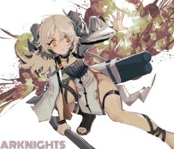 Rule 34 | 1girl, arknights, blonde hair, explosion, flamethrower, hip focus, horns, ifrit (arknights), pixiv(9792369), sandals, tail, thigh bands, twintails, weapon, white background, yellow eyes