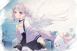 Rule 34 | 1girl, ahoge, black skirt, blush, braid, cityscape, commentary request, feathered wings, frilled sleeves, frills, grey hair, hairband, highres, jacket, long sleeves, looking at viewer, off shoulder, open clothes, open jacket, parted lips, purple eyes, purple jacket, shirt, skirt, skycolor project, sleeves past wrists, solo, suspender skirt, suspenders, suzumori uina, twin braids, usuwa suu, virtual youtuber, white hairband, white shirt, white wings, wings