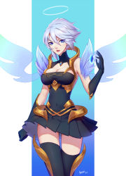 Rule 34 | 1girl, absurdres, alternate costume, angel wings, aqua background, armor, artist name, black thighhighs, blue background, blue eyes, blue gemstone, blue hair, breasts, cleavage, cleavage cutout, clothing cutout, colored eyelashes, covered collarbone, covered navel, cowboy shot, dawnbringer riven, detached sleeves, dress, earrings, eyes visible through hair, faulds, gem, glowing, gorget, gradient background, greaves, hair between eyes, halo, highres, jewelry, kezi, large breasts, league of legends, looking at viewer, open mouth, outside border, parted bangs, riven (league of legends), short hair, short hair with long locks, skirt, solo, sparkle, standing, stud earrings, thighhighs, watermark, white background, white hair, wings