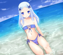 Rule 34 | 1girl, arm support, bad id, bad pixiv id, bandeau, bare shoulders, bikini, blue eyes, blue hair, blush, breasts, cleavage, covered erect nipples, day, front-tie top, kay, kay (utd), long hair, matching hair/eyes, medium breasts, navel, o-ring, o-ring top, ocean, original, partially submerged, side-tie bikini bottom, sitting, solo, striped bikini, striped clothes, submerged, swimsuit, underboob, water