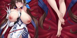 Rule 34 | 1girl, :q, arm up, armpits, bare shoulders, barefoot, breasts, brown hair, dakimakura (medium), elbow gloves, feng mouren, finger to mouth, fingerless gloves, gloves, hair ornament, hairclip, honkai (series), honkai impact 3rd, large breasts, li sushang, li sushang (jade knight), long hair, lying, nipples, on back, red sheet, solo, tongue, tongue out, two-tone gloves, upper body, very long hair, yellow eyes