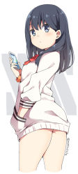 Rule 34 | 10s, 1girl, ass, black hair, blush, bow, cardigan, cellphone, closed mouth, commentary request, cowboy shot, grey eyes, gridman universe, hair between eyes, hand in pocket, hatsunatsu, holding, holding phone, long hair, long sleeves, looking at viewer, looking back, no pants, orange scrunchie, phone, puffy long sleeves, puffy sleeves, red bow, scrunchie, smartphone, solo, ssss.gridman, takarada rikka, twitter username, white background, white cardigan, wrist scrunchie