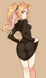Rule 34 | 1girl, :o, ass, back, bare legs, beige background, black sweater, blonde hair, breasts, green eyes, grin, kagaminomachi no kaguya, kusanagi tonbo, long hair, long sleeves, looking at viewer, otohime (kagaminomachi no kaguya), parted lips, ribbed sweater, simple background, smile, solo, sweater, twintails