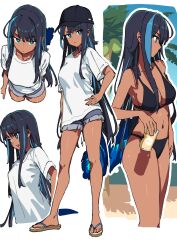 Rule 34 | 1girl, absurdres, baseball cap, beach, bikini, black bikini, black headwear, blue eyes, blue hair, blue shorts, breasts, can, cleavage, closed mouth, coconut tree, dark-skinned female, dark skin, denim, denim shorts, drink can, flip-flops, full body, hand on own hip, hat, highres, holding, holding can, large breasts, long hair, looking at viewer, medium breasts, multiple views, navel, open mouth, original, outdoors, palm tree, sandals, shirt, short sleeves, shorts, soda can, standing, stomach, summer, swimsuit, tree, upper body, v-shaped eyebrows, white shirt, xkirara39x