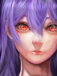 Rule 34 | 1girl, axe r18, close-up, closed mouth, commentary request, expressionless, eyelashes, hair between eyes, highres, lips, long hair, looking at viewer, nose, portrait, purple hair, realistic, red eyes, reisen udongein inaba, solo, touhou