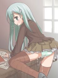 Rule 34 | 10s, 1girl, arm support, blush, crotch rub, desk, drooling, female masturbation, green eyes, green hair, green panties, hair ornament, hairclip, highres, indoors, kantai collection, leaning forward, leg up, long hair, masturbation, panties, petticoat, pleated skirt, pussy juice, pussy juice drip, pussy juice trail, qt project, saliva, school uniform, skirt, solo, suzuya (kancolle), table humping, tagme, thighhighs, thighs, underwear, wet, wet clothes, wet panties, window