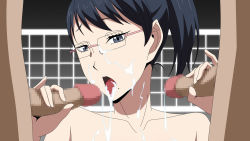 Rule 34 | 10s, 1girl, 2boys, atelier gons, black hair, blue eyes, censored, collarbone, cum, cum in mouth, double handjob, facial, female focus, glasses, haikyuu!!, handjob, highres, long hair, looking at viewer, mole, mosaic censoring, multiple boys, nude, open mouth, penis, ponytail, sandwiched, shimizu kiyoko, simple background, solo focus, upper body, volleyball net