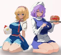 Rule 34 | 2girls, alice margatroid, apron, bird, blue dress, breasts, cake, chicken, commentary request, dress, food, frilled hairband, frills, full body, hairband, highres, holding, holding spoon, large breasts, letty whiterock, lolita hairband, looking at viewer, moriforest1040, multiple girls, open mouth, purple eyes, purple hair, red hairband, seiza, short hair, simple background, sitting, spoon, touhou, white apron, white headwear