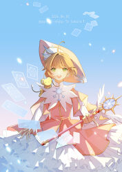 Rule 34 | 1girl, absurdres, ahoge, blue sky, cardcaptor sakura, clow card, dated, dress, frilled dress, frills, green eyes, happy birthday, hat, highres, holding, holding wand, kero (cardcaptor sakura), kinomoto sakura, looking at viewer, magical girl, open mouth, pink dress, sky, smile, solo, upper body, wand, ying weiyu