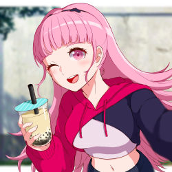 Rule 34 | 1girl, blurry, blurry background, blush, bubble tea, commentary request, cropped hoodie, drink, edie crop hoodie, female focus, fire emblem, fire emblem: three houses, high ponytail, hilda valentine goneril, holding, holding drink, hood, hood down, hoodie, long hair, looking at viewer, matching hair/eyes, meme attire, miran (olivine 20), multicolored clothes, navel, nintendo, one eye closed, open mouth, outstretched hand, pink eyes, pink hair, single sleeve, smile, solo, wink